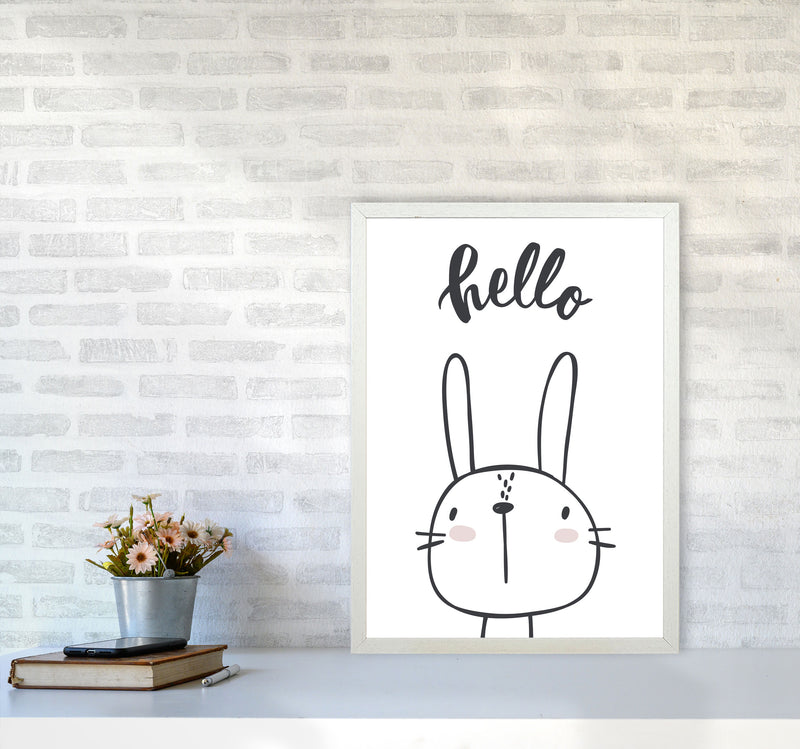 Hello Bunny Modern Print Animal Art Print A2 Oak Frame