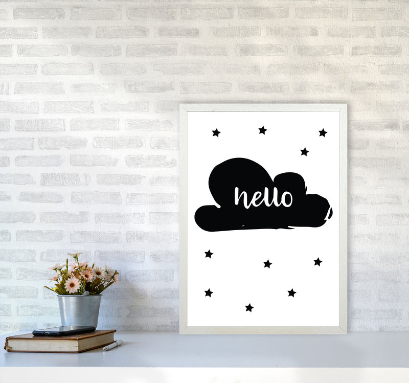 Hello Cloud Black Framed Nursey Wall Art Print A2 Oak Frame