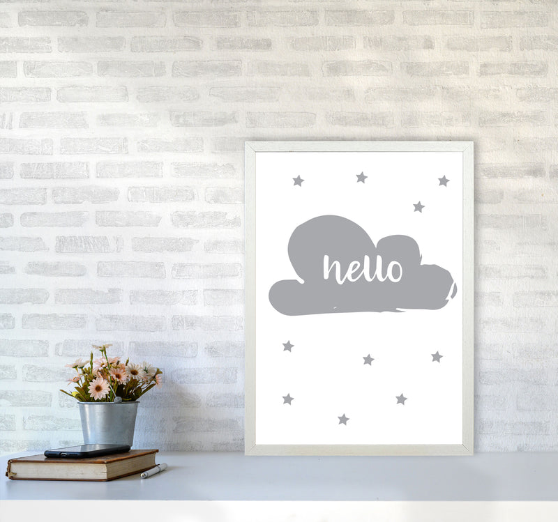 Hello Cloud Grey Framed Nursey Wall Art Print A2 Oak Frame