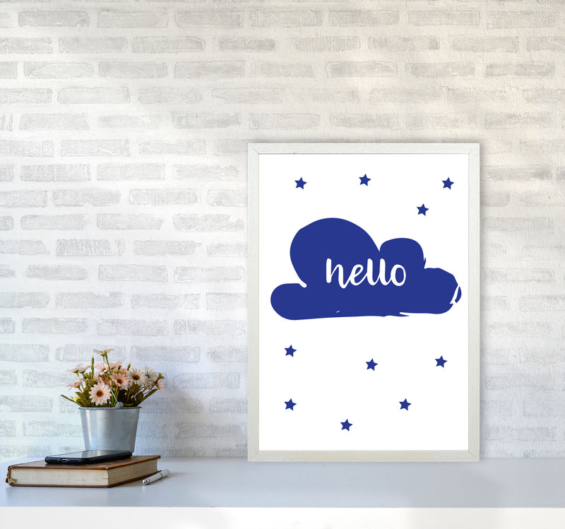 Hello Cloud Navy Framed Nursey Wall Art Print A2 Oak Frame