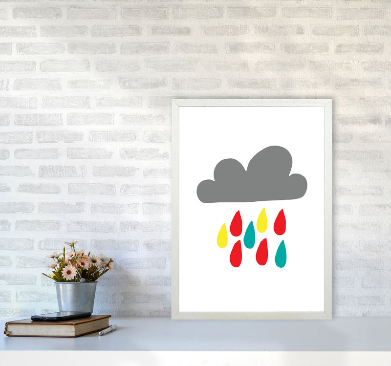 Grey Rain Cloud Framed Nursey Wall Art Print A2 Oak Frame