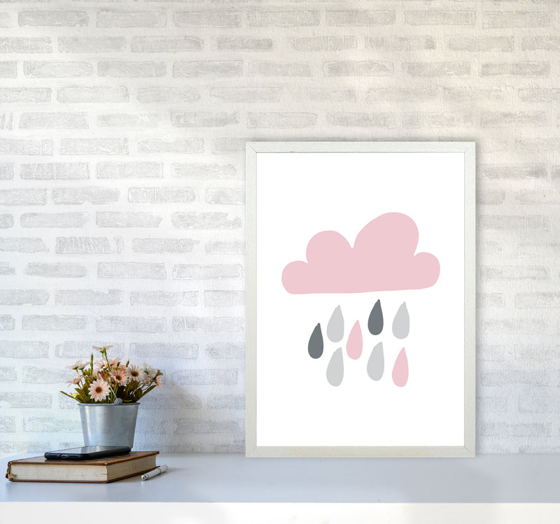 Pink And Grey Rain Cloud Framed Nursey Wall Art Print A2 Oak Frame