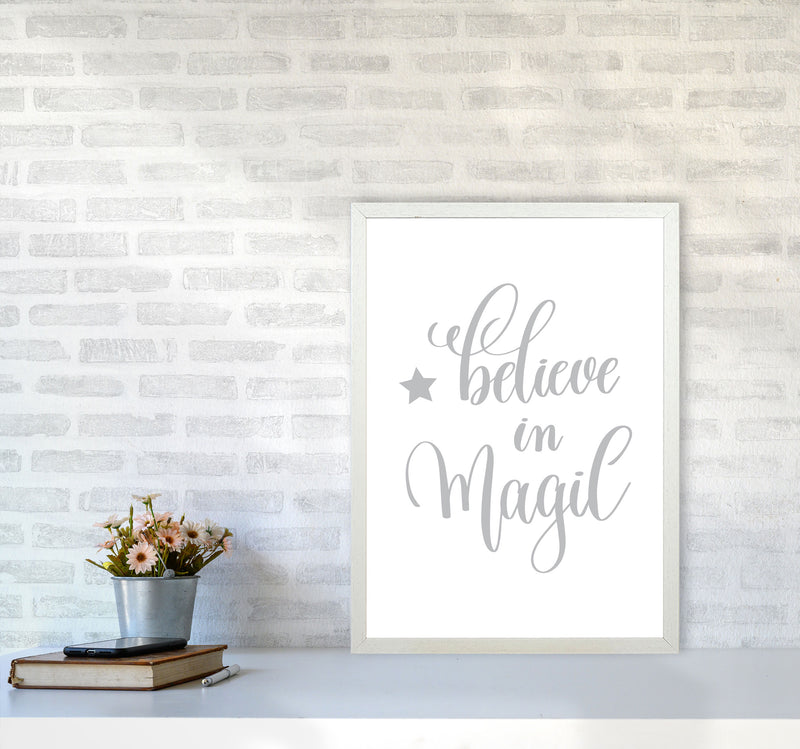 Believe In Magic Grey Framed Typography Wall Art Print A2 Oak Frame