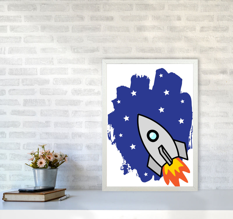 Space Rocket Framed Nursey Wall Art Print A2 Oak Frame