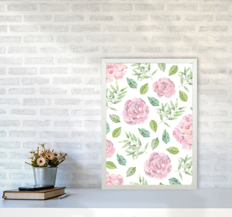 Pink Floral Repeat Pattern Modern Print, Framed Botanical & Nature Art Print A2 Oak Frame