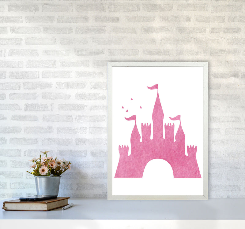 Pink Castle Watercolour Modern Print A2 Oak Frame