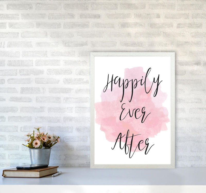 Happily Ever After Pink Watercolour Modern Print A2 Oak Frame