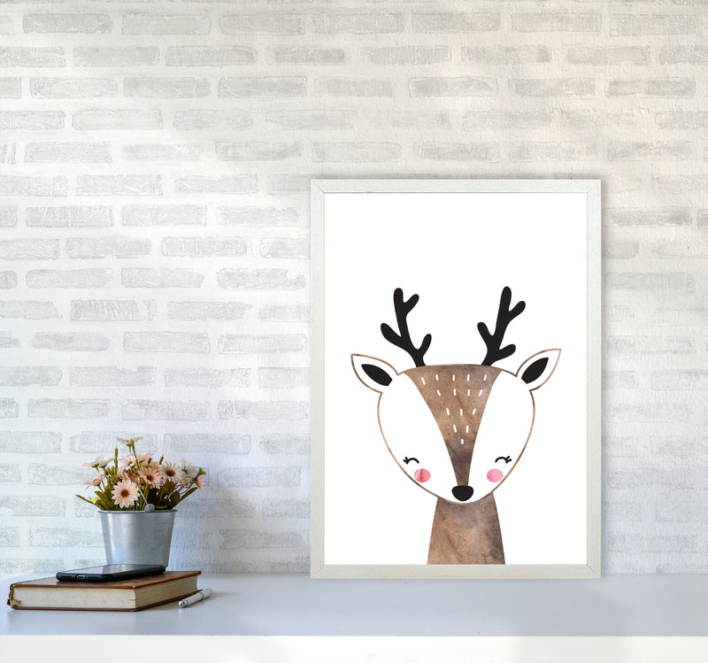 Scandi Brown Deer Watercolour Framed Nursey Wall Art Print A2 Oak Frame