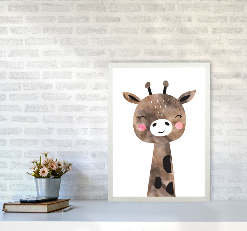 Scandi Brown Giraffe Watercolour Framed Nursey Wall Art Print A2 Oak Frame