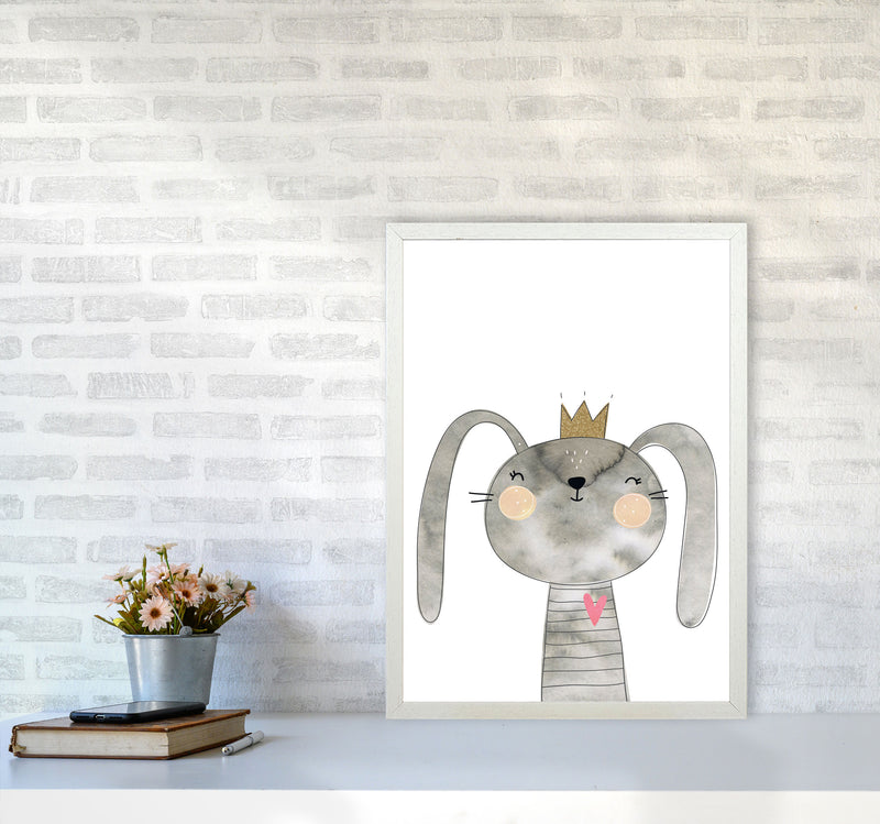 Scandi Grey Bunny Watercolour Framed Nursey Wall Art Print A2 Oak Frame