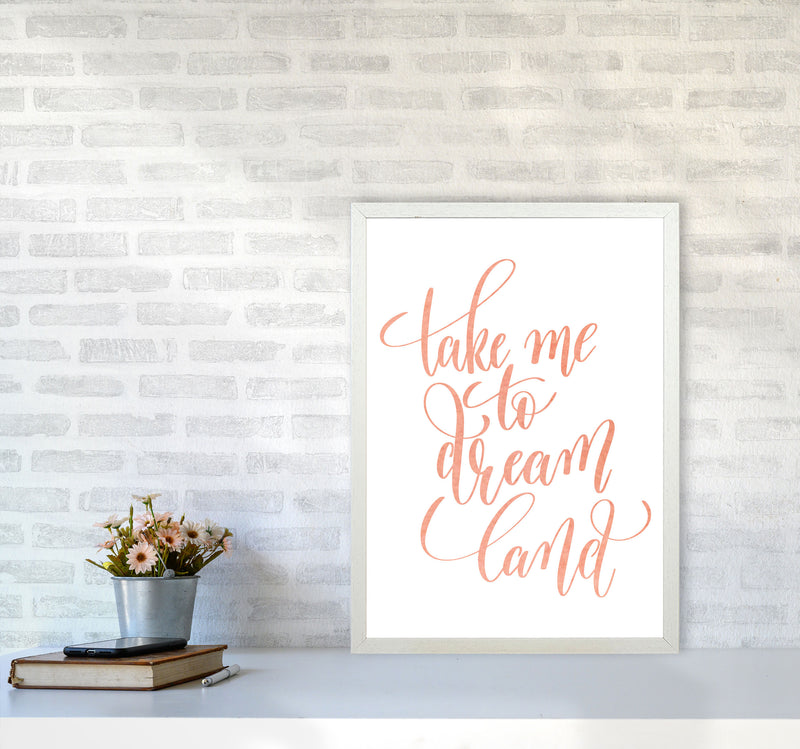 Take Me To Dreamland Peach Watercolour Modern Print A2 Oak Frame