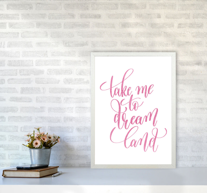 Take Me To Dreamland Pink Watercolour Modern Print A2 Oak Frame