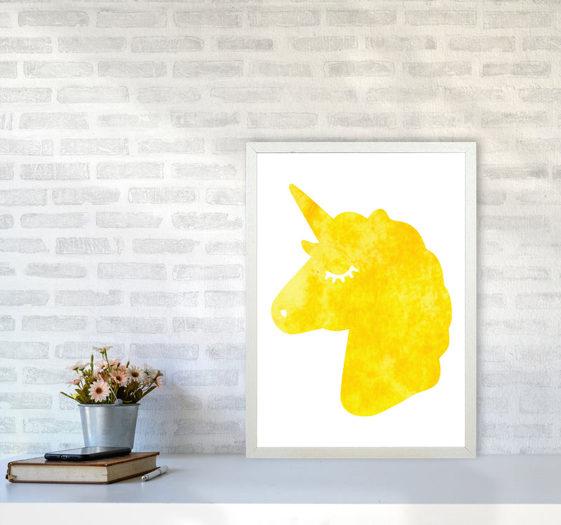 Unicorn Yellow Silhouette Watercolour Modern Print A2 Oak Frame