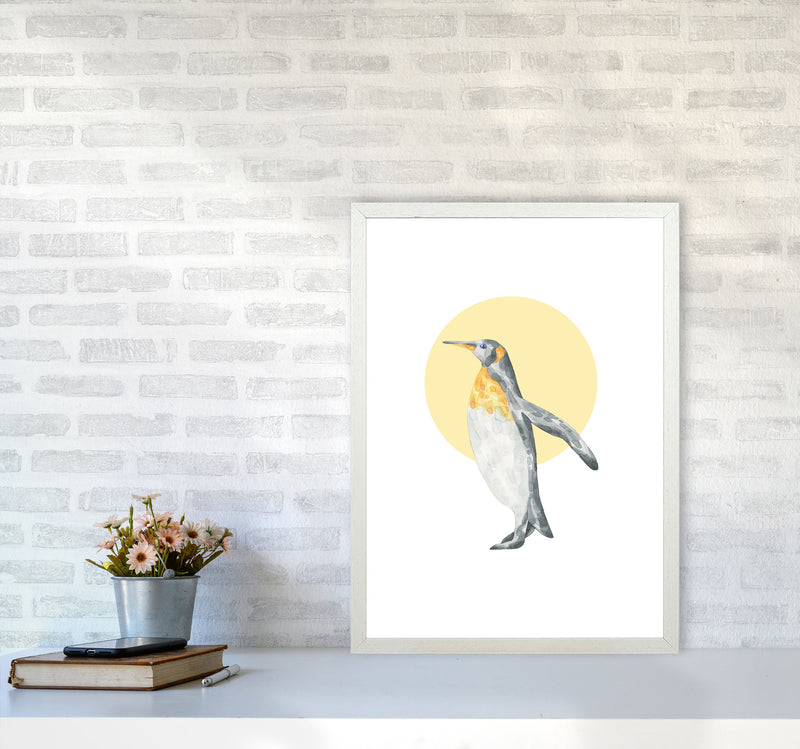 Watercolour Penguin With Yellow Circle Modern Print, Animal Art Print A2 Oak Frame