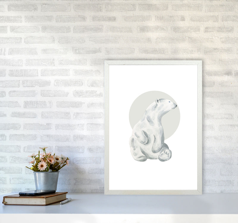 Watercolour Polar Bear With Grey Circle Modern Print, Animal Art Print A2 Oak Frame