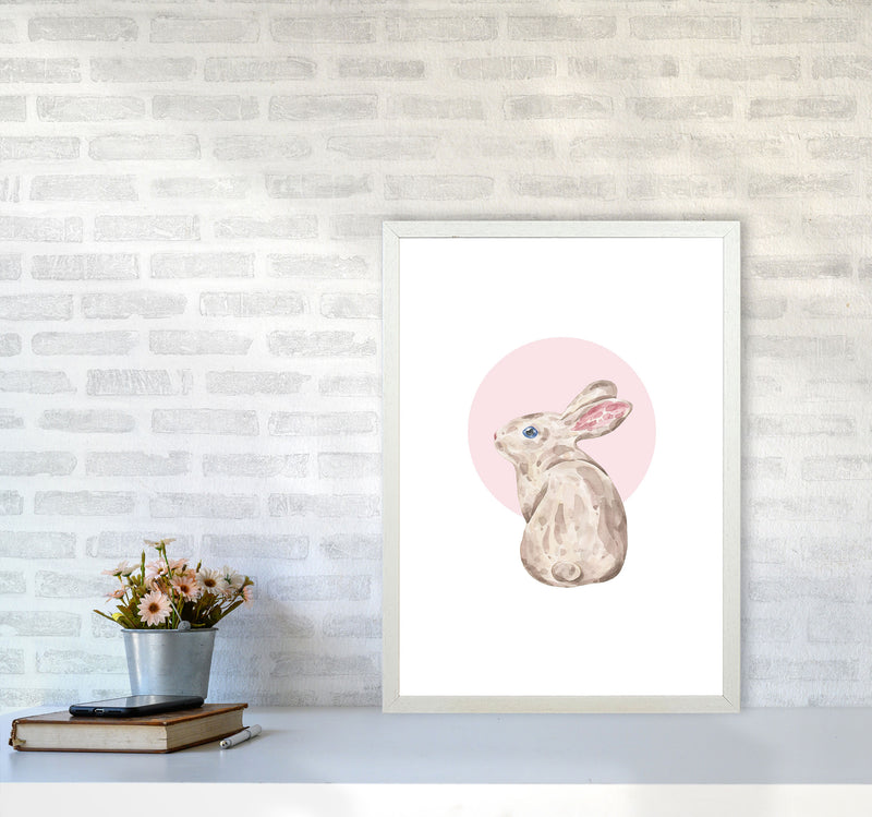 Watercolour Bunny With Pink Circle Modern Print, Animal Art Print A2 Oak Frame