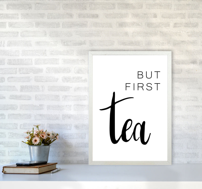 But First Tea Modern Print, Framed Kitchen Wall Art A2 Oak Frame