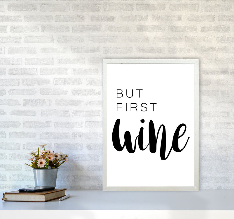 But First Wine Modern Print, Framed Kitchen Wall Art A2 Oak Frame