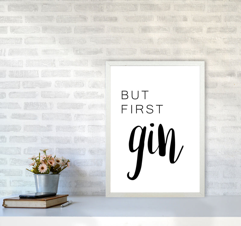 But First Gin Modern Print, Framed Kitchen Wall Art A2 Oak Frame