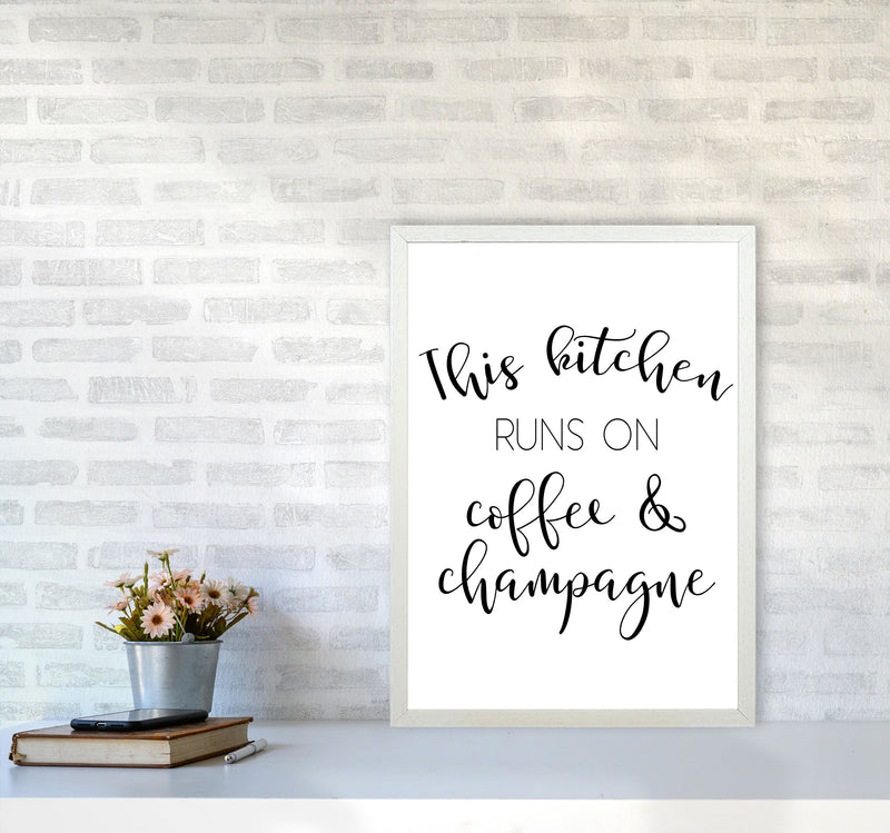 This Kitchen Runs On Coffee And Champagne Modern Print, Framed Kitchen Wall Art A2 Oak Frame