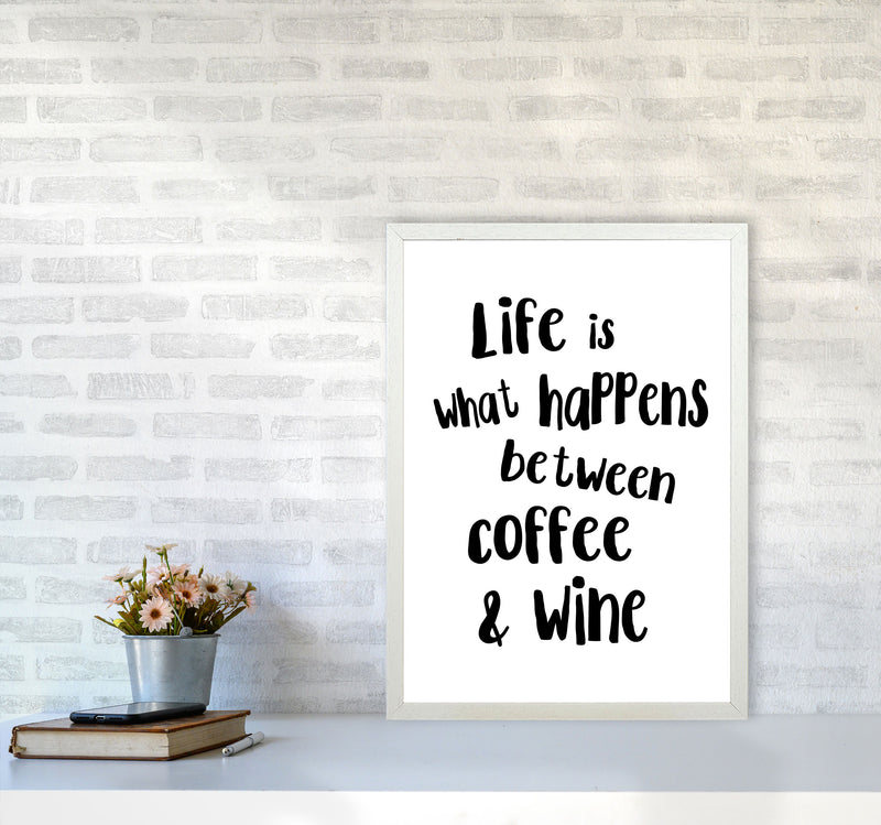 Life Is What Happens Between Coffee & Wine Modern Print, Kitchen Wall Art A2 Oak Frame
