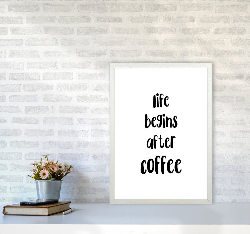 Life Begins After Coffee Modern Print, Framed Kitchen Wall Art A2 Oak Frame