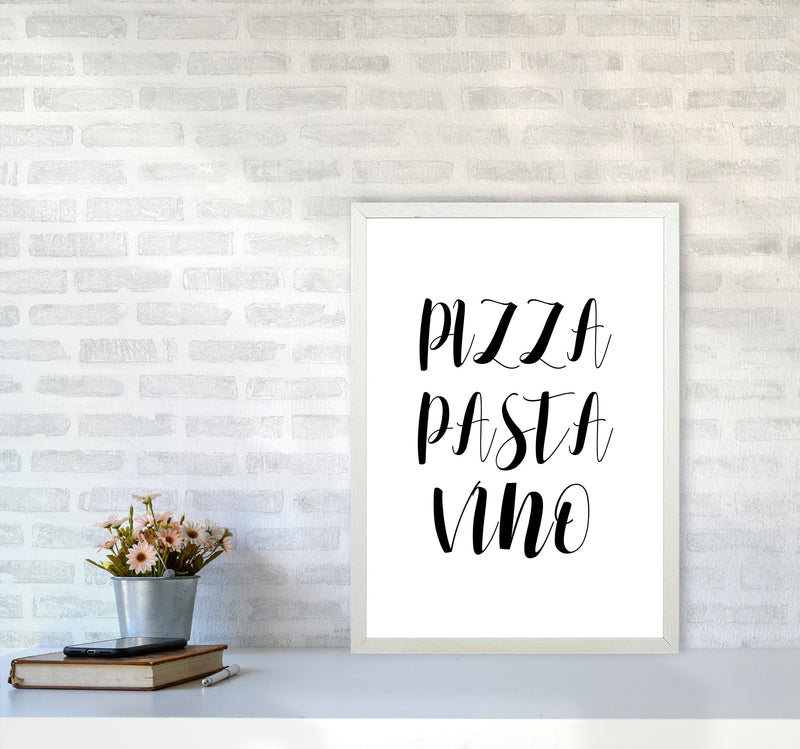 Pizza Pasta Vino Modern Print, Framed Kitchen Wall Art A2 Oak Frame