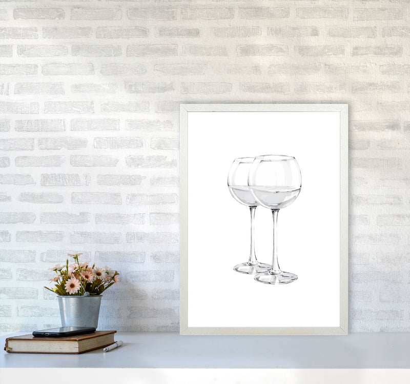White Wine Glasses Modern Print, Framed Kitchen Wall Art A2 Oak Frame