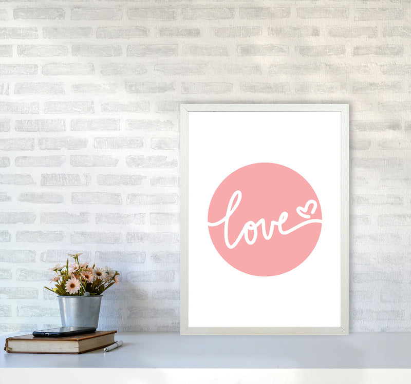 Love Pink Circle Framed Typography Wall Art Print A2 Oak Frame