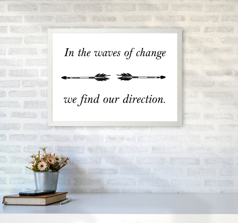 In The Waves Of Change, We Find Our Direction Framed Typography Wall Art Print A2 Oak Frame