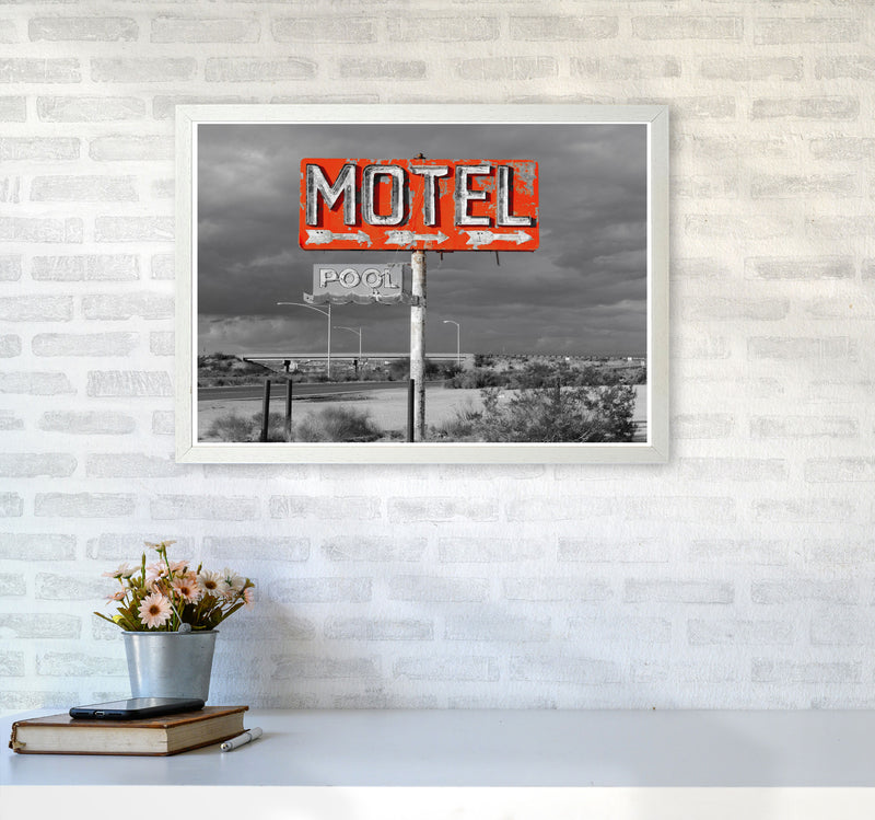 Red Motel Sign Modern Print A2 Oak Frame