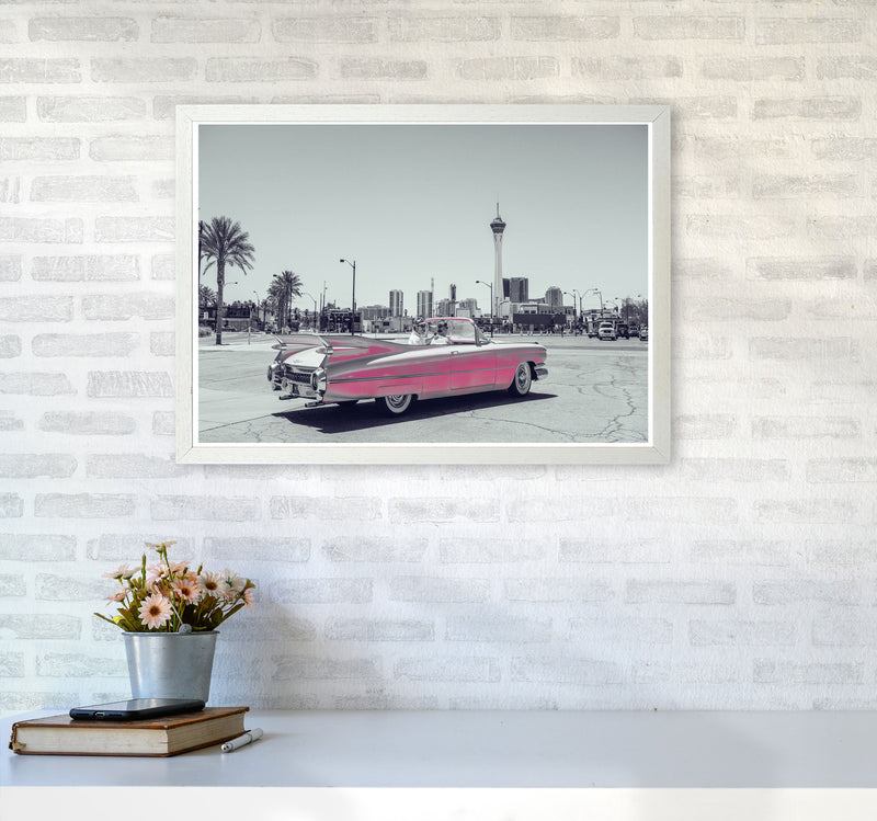 Retro Pink Car Modern Print A2 Oak Frame