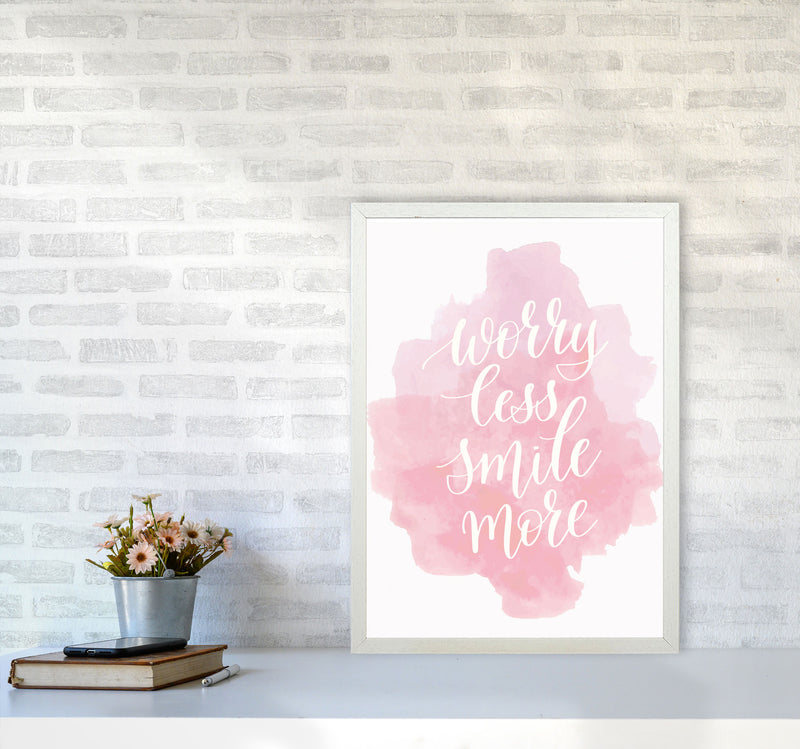Worry Less Smile More Pink Watercolour Modern Print A2 Oak Frame