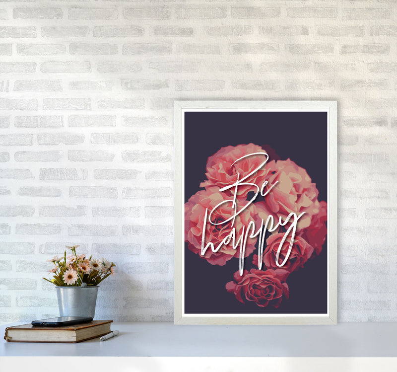 Be Happy Floral Modern Print, Framed Botanical & Nature Art Print A2 Oak Frame