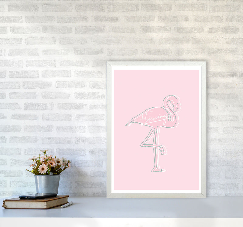 Pink Flamingo Modern Print Animal Art Print A2 Oak Frame