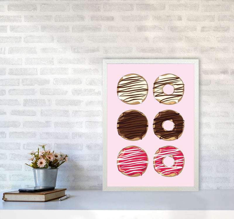 Donuts Pink Modern Print, Framed Kitchen Wall Art A2 Oak Frame