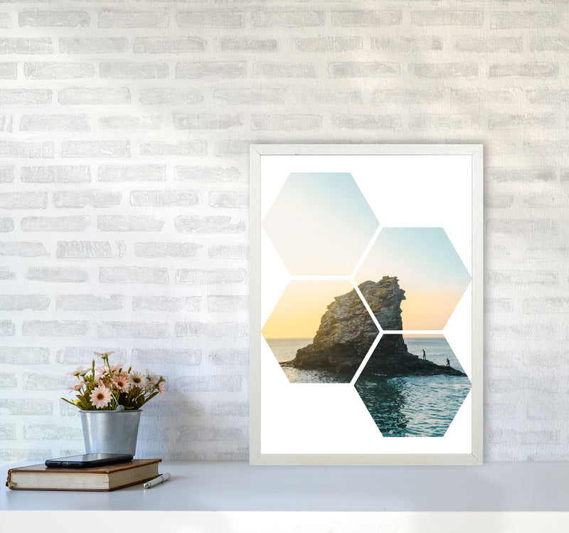 Abstract Hex Island And Sea Modern Print A2 Oak Frame