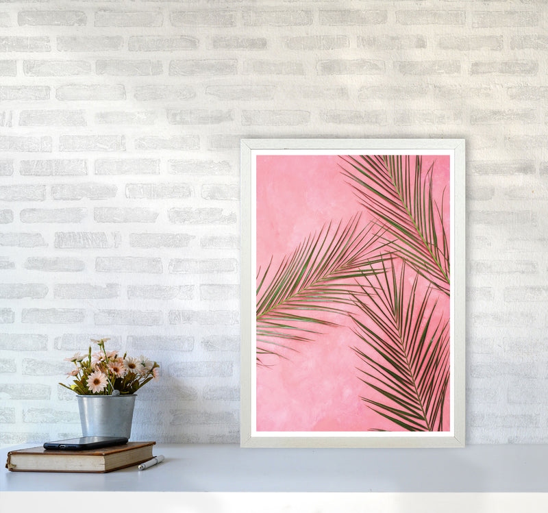 Pink Palm Leaves Modern Print, Framed Botanical & Nature Art Print A2 Oak Frame