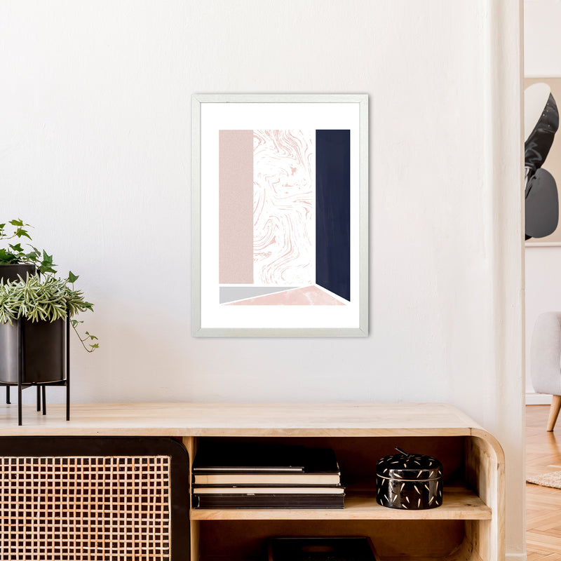 Navy And Marble Pink 2 Art Print by Pixy Paper A2 Oak Frame