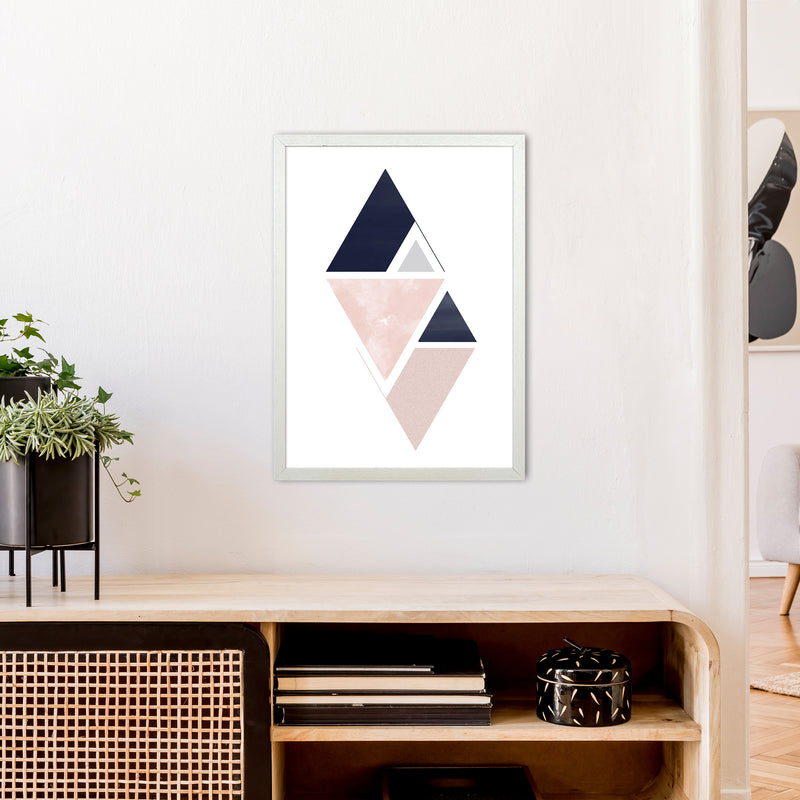 Navy And Marble Pink 3 Art Print by Pixy Paper A2 Oak Frame