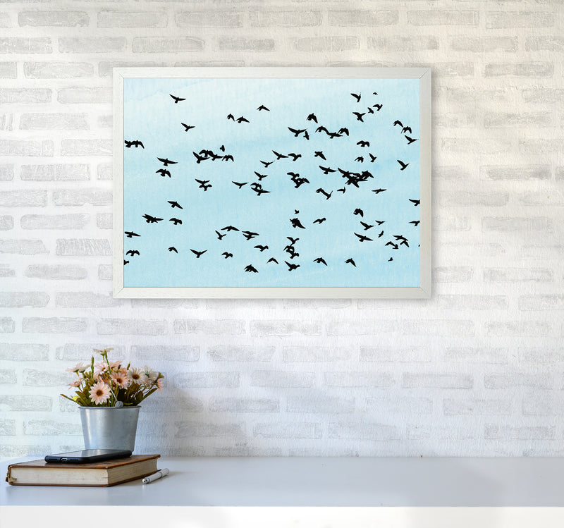Flock Of Birds Landscape Blue Sky Art Print by Pixy Paper A2 Oak Frame