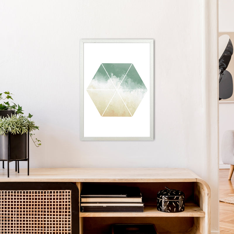 Green And Beige Watercolour Hexagon Abstract  Art Print by Pixy Paper A2 Oak Frame