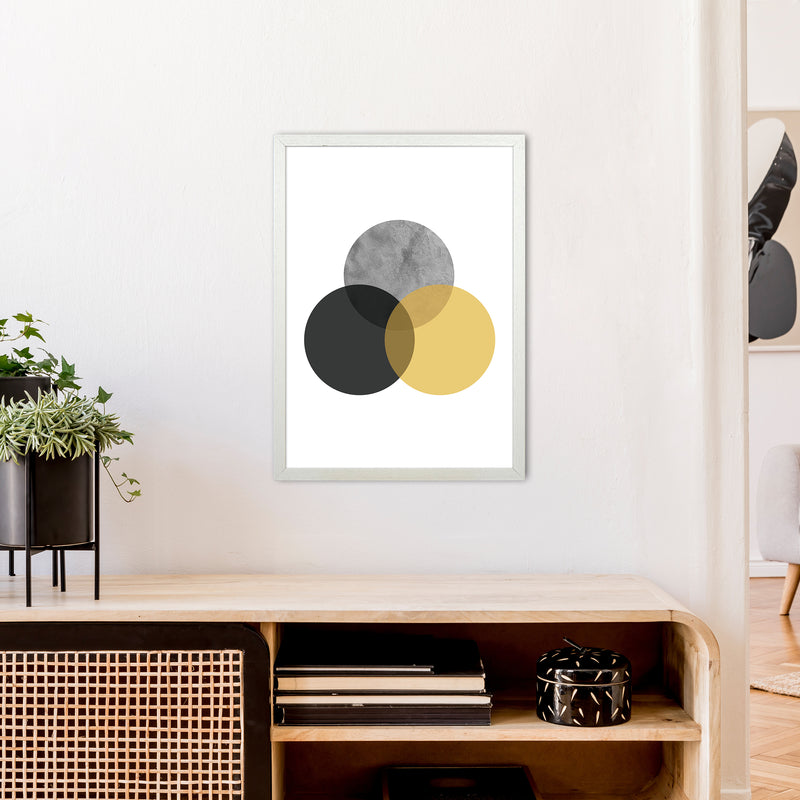 Geometric Mustard And Black Circles  Art Print by Pixy Paper A2 Oak Frame