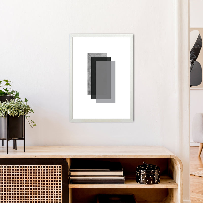 Geometric Grey And Black Rectangles  Art Print by Pixy Paper A2 Oak Frame