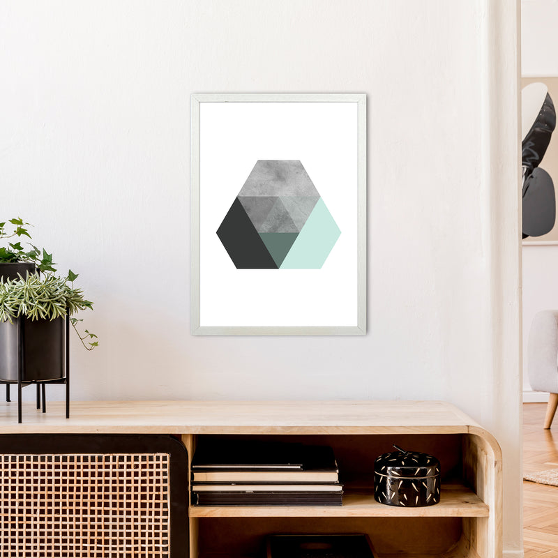 Geometric Mint And Black Hexagon  Art Print by Pixy Paper A2 Oak Frame