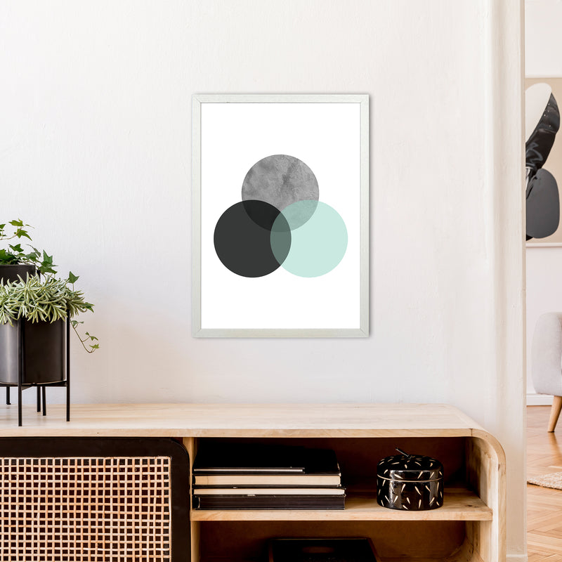 Geometric Mint And Black Circles  Art Print by Pixy Paper A2 Oak Frame