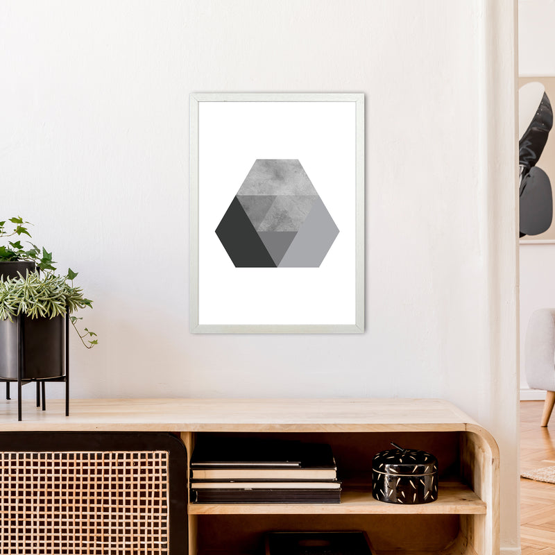 Geometric Grey And Black Hexagon  Art Print by Pixy Paper A2 Oak Frame