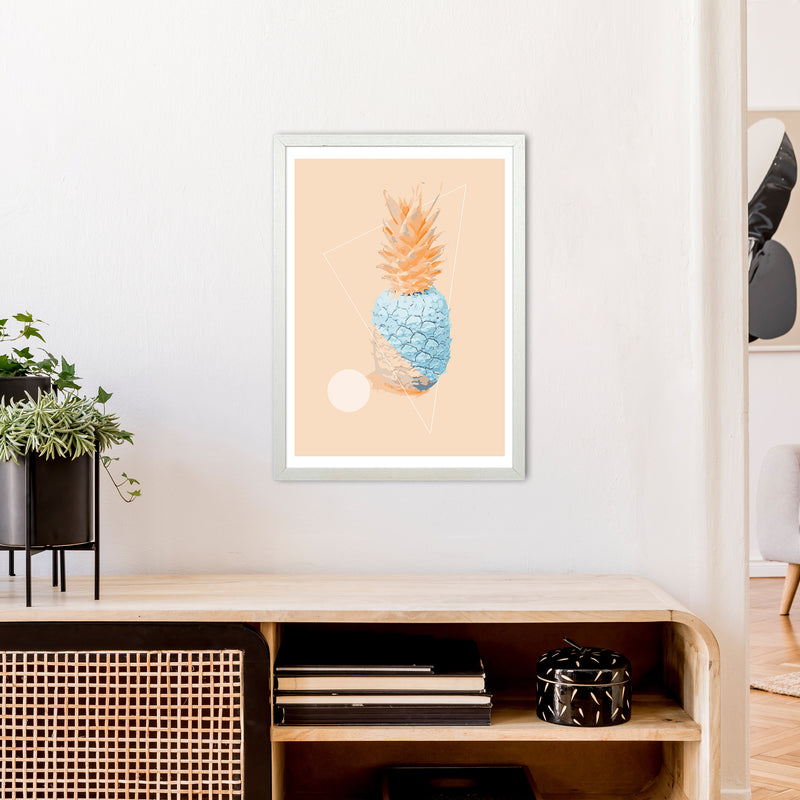 Pineapple In Blue With Peach  Art Print by Pixy Paper A2 Oak Frame