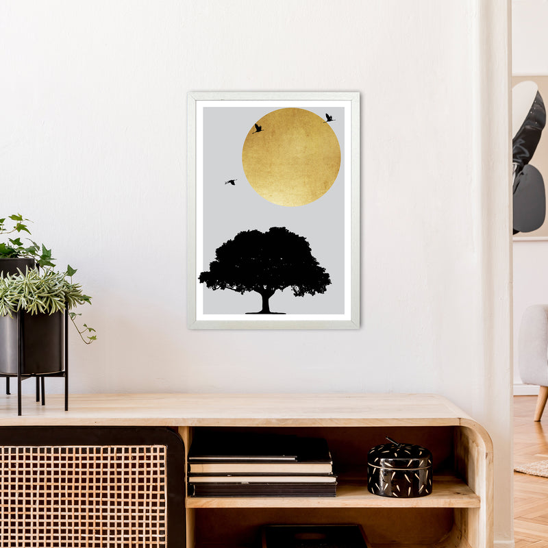 Gold Sun And Tree Abstract  Art Print by Pixy Paper A2 Oak Frame