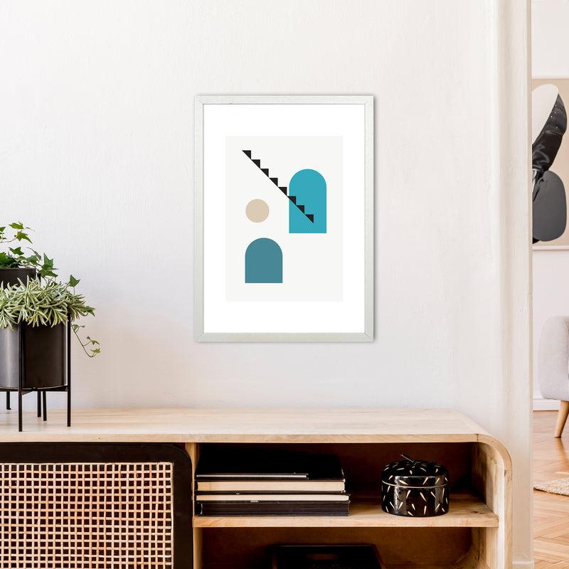 Mita Teal Stairs Left N3  Art Print by Pixy Paper A2 Oak Frame